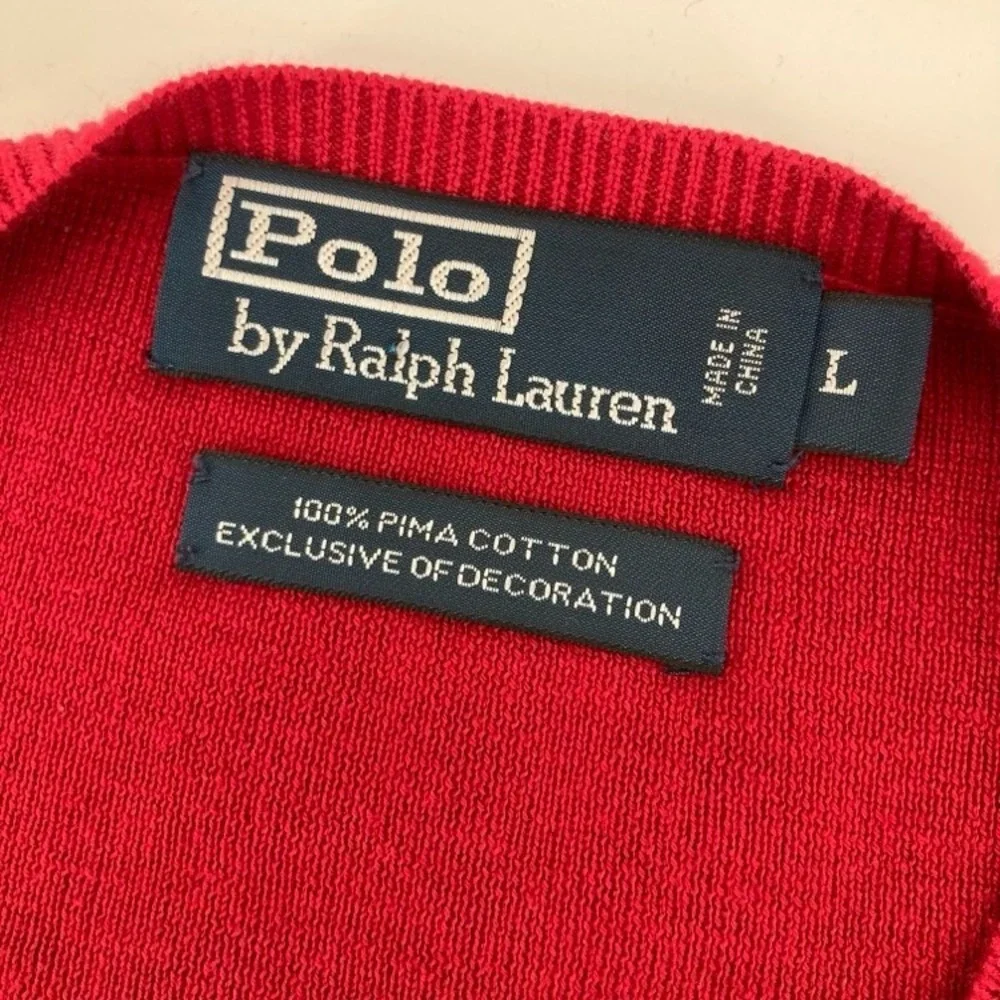 Polo Ralph Lauren Pima Cotton‎ V Neck Sweater Red Men Large Preppy Valentine